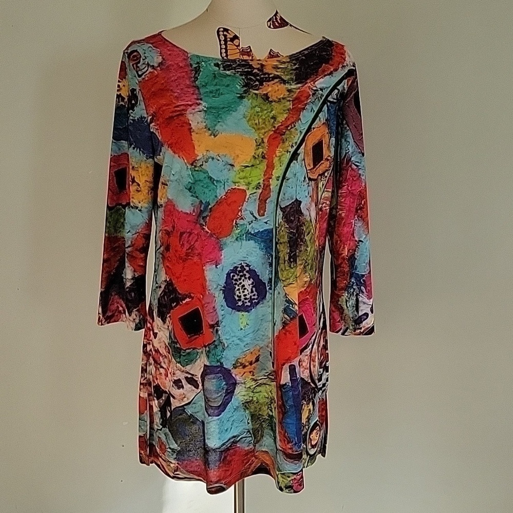 LE GALERISTE abstract art inspired dress with 3/4 sleeves. NWT. Size Large